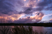 Dramatic Sky Over The Water. Stormy Landscape With Dark Clouds. View On A Lake Or Sea At Sunset Or Sunrise. Silhouette Of Vegetation In The Foreground.