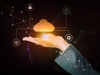 Poster - Secure Cloud Computing and Networking Concept Background. Futuristic Technology backdrop with Glowing Cloud and Icons