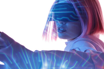 Double exposure of woman and futuristic holographic interface to display data. Female in futuristic costume using VR helmet. Augmented reality, future technology, game concept. White background.
