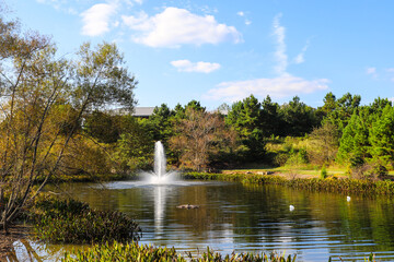 a stunning shot of the lake with a water fountain in the park surrounded by lush green and autumn colored trees with blue sky and powerful clouds at Garrard Landing Park in Alpharetta Georgia USA