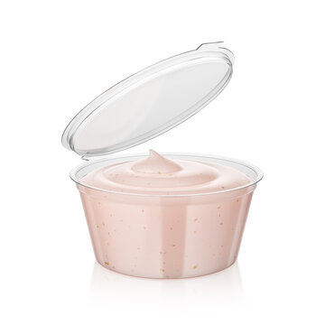 Open pink sauce in dip container isolated on white. 3D rendering,