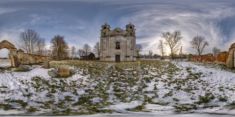 Wall Mural - full winter hdri panorama 360 degrees angle view near entrance of old abandoned catholic church in equirectangular projection with zenith and nadir. VR  AR content