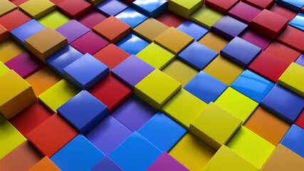 Poster - Geometric 3d render simple squares laid with lines on surface. Multicolored boxes in dynamic lighting with bright highlights. Digital wall creative presentation made of blocks
