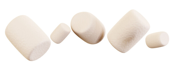 Marshmallows isolated on a white background. Realistic set of marshmallows flying in the air, 3d render