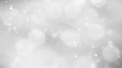 Wall Mural - Seamless loop silver gray white bokeh winter copy space background animation with stars and falling realistic snowflakes effect.