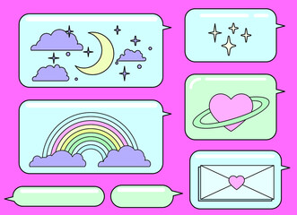 Poster - Message speech bubbles icon set. Messenger chat with emojis and stickers. Vaporwave cute retro style vector illustration.