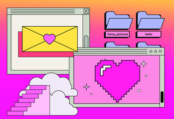 Aufkleber - Retrowave user interface, retro operating system with message boxes and folders. Cute vaporwave vector illustration.