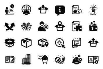 Poster - Vector Set of Industrial icons related to Technical algorithm, Engineer and Send box icons. Parcel, Technical documentation and Working process signs. Info bubble, journey path. Vector