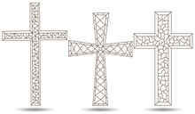 The Illustrations In The Stained Glass Style With A Contoured Christian Crosses,dark Outlines On White Background