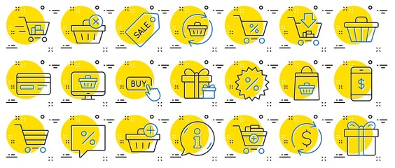 Poster - shopping line icons. gift box, present coupon and sale offer tag signs. shopping cart, surprise gift