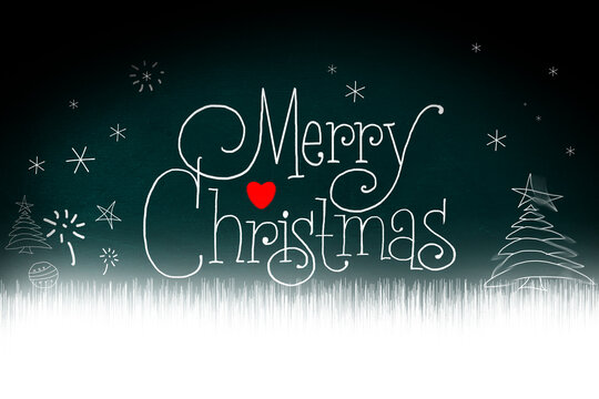 Love Boardhandwriting merry Christmas text title and red heart shape drawing on green Chalkboard.