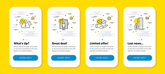Poster - Vector set of Warning, Hold box and Elevator line icons set. UI phone app screens with line icons. Buildings icon. Important message, Delivery parcel, Lift. City architecture. Phone UI banners. Vector