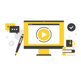 Poster - Online video. Flat vector illustration. Computer with play video button. Streaming service, watch video, online learning, webinar. Modern concepts. Flat design