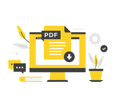 PDF document. Flat vector illustration. Download PDF file. Document on computer screen. Modern concepts. Flat design