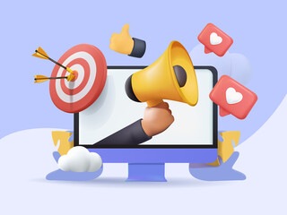 Fototapete - Digital social marketing. Computer with social network interface. Hand holds a megaphone. Search and attraction of target audience, new subscribers. Social network promotion. Vector illustration 3D