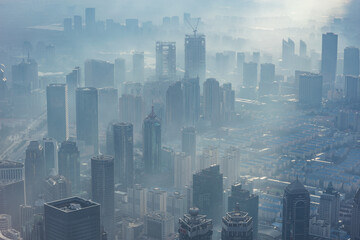 Wall Mural - Dusty and dirty air above the city center at morning time. Shanghai.