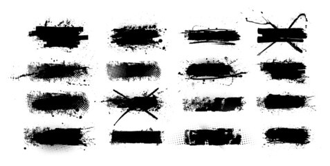 Fototapete - Black set ink brushstroke and paint brush template with splashes grunge. Ink brush stroke, lines, frame, paint textured set. Artistic Boxes isolated texture with drops blots. Vector grunge box