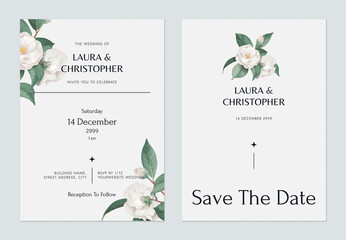 Wall Mural - floral wedding invitation card template design, white semi-double camellia flowers and leaves on gre