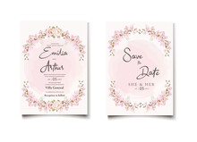 Wedding Floral Golden Invitation Card Save The Date Design With Pink Flowers Roses And Green Leaves Wreath And Frame. Botanical Elegant Decorative Vector Template In Watercolor Style