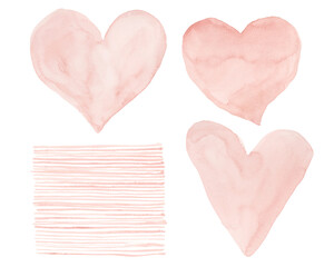 Blush Pink Heart and Strips Watercolor Background Collection Set of Shapes with Copy Space, Text Space Isolated on White Background for your Designs