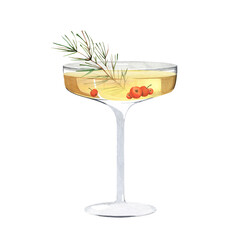 A glass of champagne with berries and a spruce branch as decoration. New year cocktail. Small-legged bowl. Watercolor illustrations on isolated white background.