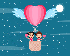 Happy cute kid boy and girl character flying with hot air hart shape valentine balloon with wings and waving with hart shape symbol on sky background 