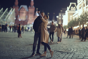 couple in love in moscow night winter, young family evening in winter moscow, autumn style