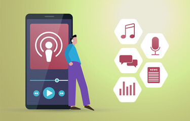 Poster - Podcast digital audio files radio services. Man with headphones listens to online podcast stream. Mobile Podcasting and Streaming applications concept for easy listening.