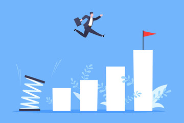 Springboard businessman high jump flat style design vector illustration concept. Business person jumps above careeer ladder. Success growth, motivation opportunity, boost career concept.