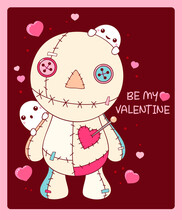 Valentine's Day Card With Cute Voodoo Doll And Little Ghosts. Greeting Valentine Card In Kawaii Style. Inscription Be My Valentine. Vector Illustration EPS8