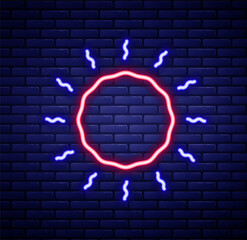 Glowing neon line Sun icon isolated on brick wall background. Colorful outline concept. Vector