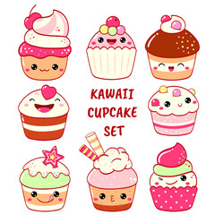 Sticker - Set of cute sweet icons in kawaii style with smiling face and pink cheeks for sweet design. Cake, muffin, cupcake. Vector illustration EPS8  