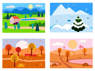 Wall Mural - Collection of seasons landscapes winter, spring, summer, autumn. Rural, mountaines, field, city, sea, snow, hot, rain, night. Vector minimalistic flat illustration