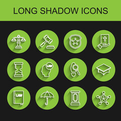 Sticker - Set line Law book, Umbrella, Scales of justice, Stage stand or debate podium rostrum, Hexagram sheriff, Head with law, Graduation cap and Magnifying glass footsteps icon. Vector