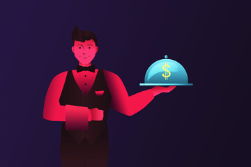 Poster - Abstract digital image of a clerk man holding tray with a golden dollar sign. Money, currency and investment concept. 3D Rendering.