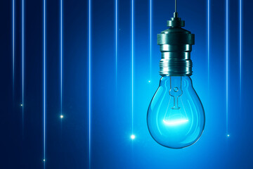 Wall Mural - Glowing light bulb on blue wallpaper with lines. Idea, innovation and success concept. 3D Rendering.