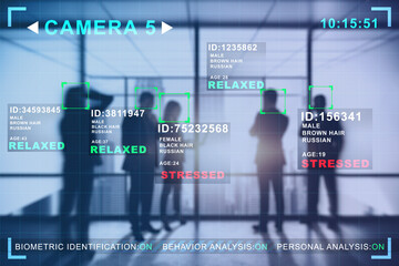Poster - Abstract image of business people in blurry office interior with camera cctv facial recognition interface. Biometric scanning and security concept. Double exposure.