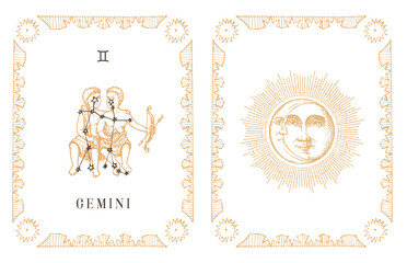 Sticker - Gemini zodiac symbol and constellation, old card.