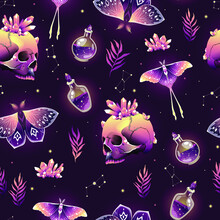 Vector Seamless Pattern With Crystal, Skull, Moths And Stars. Contemporary Composition. Trendy Texture For Print, Textile, Packaging.