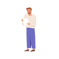 Poster - Unhappy man hold document. Discontent evil person with sheet of business paper in hands. Dissatisfied businessman read bad report about problems. Flat vector illustration isolated on white background