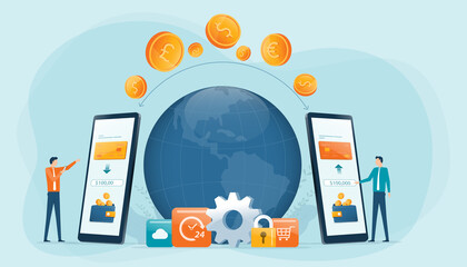 Aufkleber - Business money transfer online with digital banking technology concept. Flat vector illustration design business people team working online concept