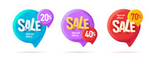 Set Of 3d Speech Bubbles Tags Illustration With Discounts, Colorful Volume Graphic Promo Elements