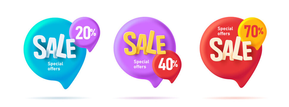 Set of 3d speech bubbles tags illustration with discounts, colorful volume graphic promo elements
