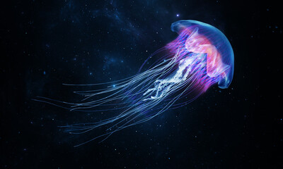 Fototapete - Glowing jellyfish swim deep in blue sea. Medusa neon jellyfish fantasy in space cosmos among stars