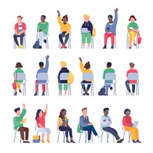 Sitting People. Students At Lecture In Different Angles. Front, Back And Side Views, Pupils Listen Teacher, Raise Hands. Chairs In Row, Man And Woman In University And College, Vector Set