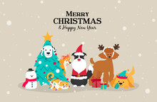 Merry Christmas And Happy New Year Greeting Card Vector Illustration. Cute Dogs And Cat In Christmas Pet Costume