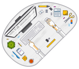 Fototapete - Work desk workspace top view with hands of office worker or entrepreneur, PC computer and a lot of different stationery objects on table. All elements are easy to use separately. Vector.