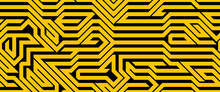 Tech Style Seamless Linear Pattern Vector, Circuit Board Lines Endless Background Wallpaper Image, Black And Yellow Geometric Design Techno Micro Picture.
