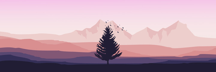 Wall Mural - morning mountain landscape flat design vector illustration good for banner background, web background, apps background, tourism design template and adventure backdrop