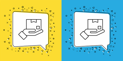Poster - Set line Delivery hand with cardboard boxes icon isolated on yellow and blue background. Door to door delivery by courier. Vector